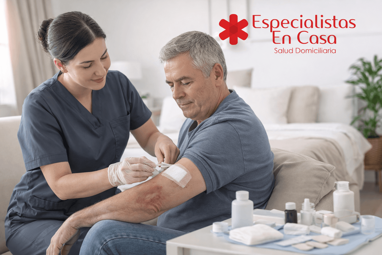 Profesional de salud realizando curación de herida en el hogar