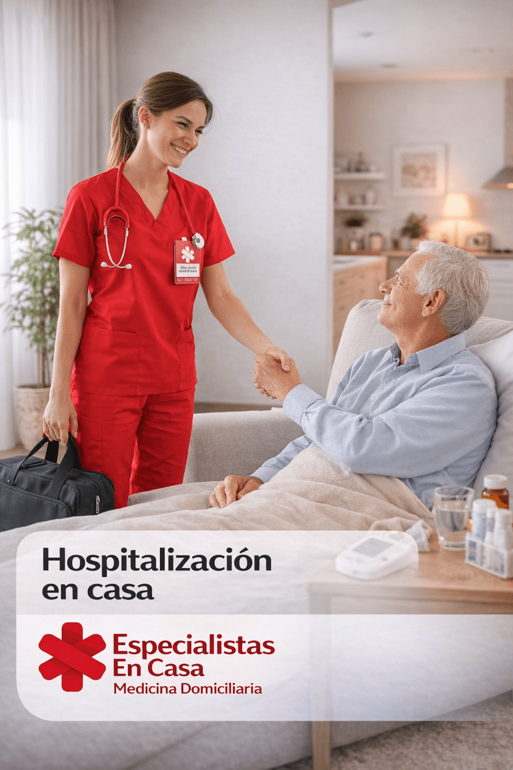 Profesional de salud acompañando a un paciente durante hospitalización en casa