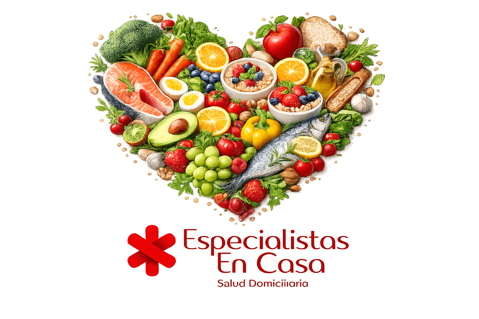 Alimentos saludables formando un corazón sobre mesa